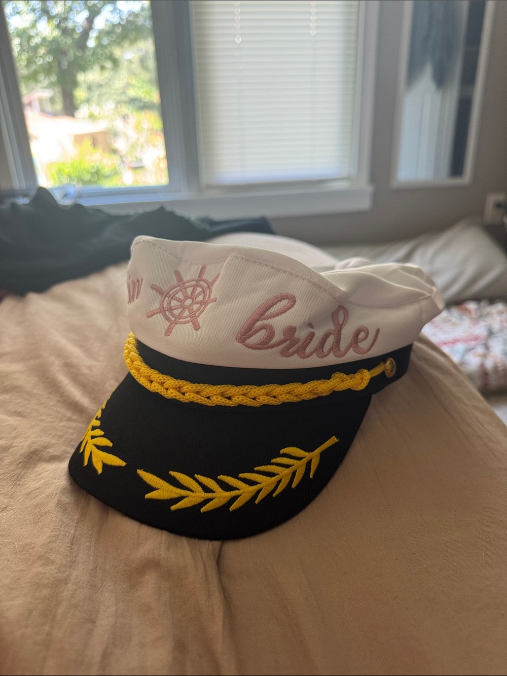 White and Black 'Bride' Captain's Hat with Yellow Embroidery